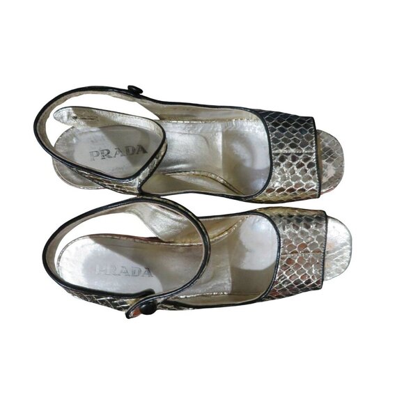 Prada Italian Snakeskin & Croc Embossed Leather Wedges Pink & Gold 37.5 US 7.5 - Picture 9 of 11